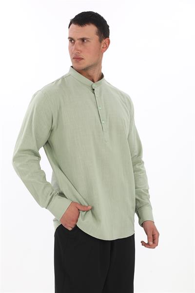 Hakim Yaka 3 Düğmeli Manşetli pamuk keten gömlek