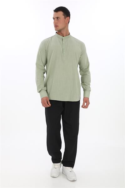 Hakim Yaka 3 Düğmeli Manşetli pamuk keten gömlek