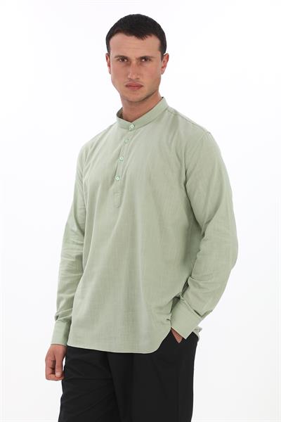 Hakim Yaka 3 Düğmeli Manşetli pamuk keten gömlek