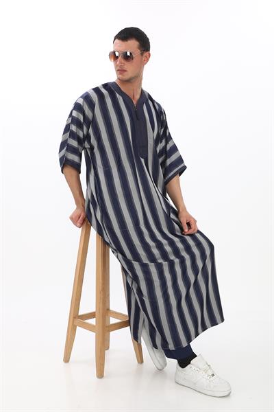 Renkli Nakışlı İthal Fistan - Çizgili, Gri ve Lacivert