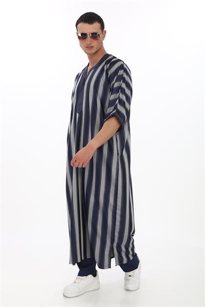 Renkli Nakışlı İthal Fistan - Çizgili, Gri ve Lacivert