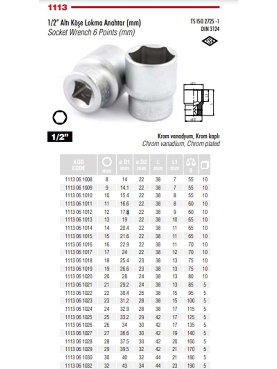 İzeltaş 1/2'' Altı Köşe Lokma Anahtar 22 mm - 1113 06 1022
