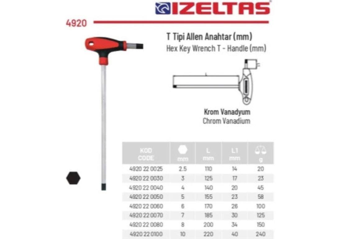 İzeltaş T Tipi Allen Anahtar 6 mm - 4920 22 0060