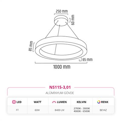 Moda Aydınlatma 100 cm Ledli Yuvarlak Simit Linear Sarkıt Beyaz MD-S 3033-01