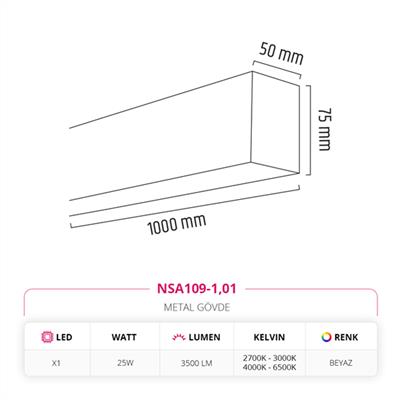 Moda Aydınlatma 100 cm Linear Sıva Üstü Armatür Beyaz MD-S 3141/1-01