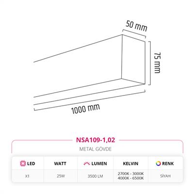 Moda Aydınlatma 100 cm Linear Sıva Üstü Armatür Siyah MD-S 3142/1-02