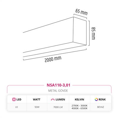 Moda Aydınlatma 200 cm Linear Sıva Üstü Armatür Beyaz MD-S 3143/3-01