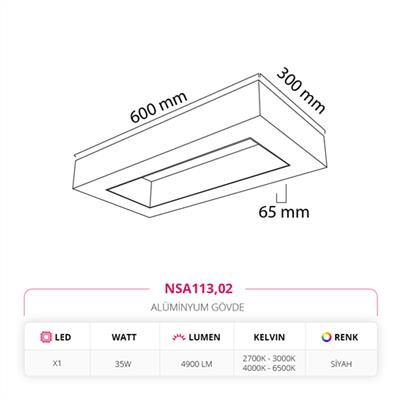 Moda Aydınlatma 30 x 60 cm Sıva Üstü Linear Armatür Siyah MD-S 3024/1-02