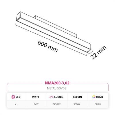 Moda Aydınlatma 48V Linear Magnet Armatür Siyah MD-M 6001-02