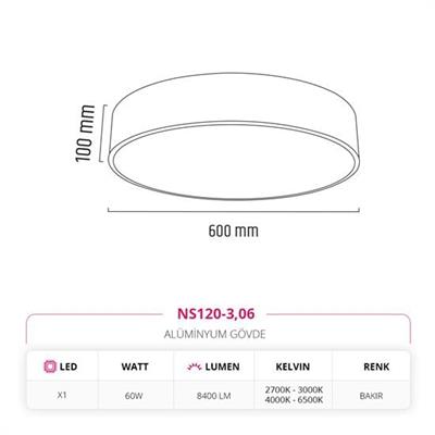 Moda Aydınlatma 60 Cm Sıva Üstü Ledli Tavan Armatürü Bakır MD-S 3045/1-06