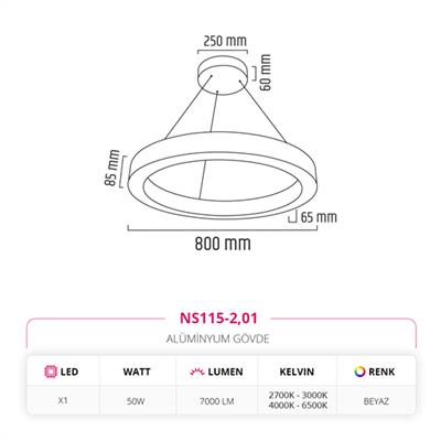 Moda Aydınlatma 80 cm Ledli Yuvarlak Simit Linear Sarkıt Beyaz MD-S 3032-01