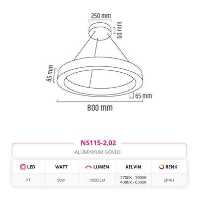 Moda Aydınlatma 80 cm Ledli Yuvarlak Simit Linear Sarkıt Siyah MD-S 3029-02