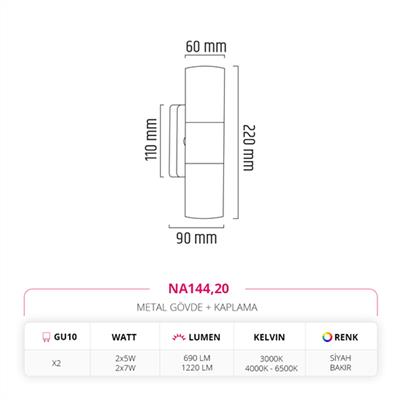Moda Aydınlatma Çift Yönlü İç Mekan Aplik Bakır Siyah MD-A 5195-20