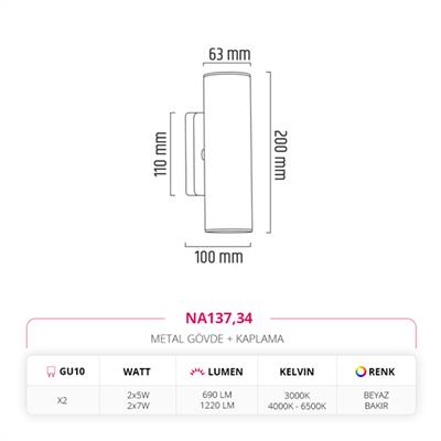 Moda Aydınlatma Çift Yönlü İç Mekan Aplik Beyaz Bakır MD-A 5199-34