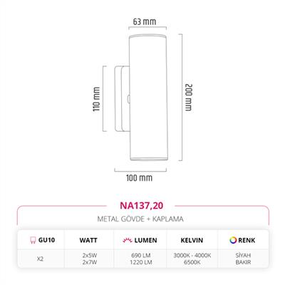 Moda Aydınlatma Çift Yönlü İç Mekan Aplik Siyah Bakır MD-A 5198-20