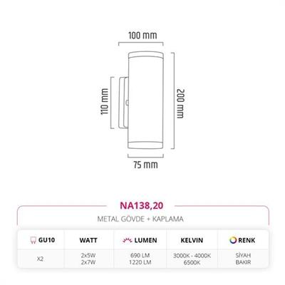 Moda Aydınlatma Çift Yönlü İç Mekan Aplik Siyah Bakır MD-A 5194-20