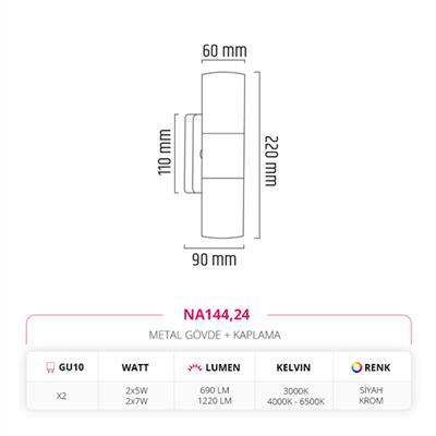 Moda Aydınlatma Çift Yönlü İç Mekan Aplik Siyah Krom MD-A 5197-24