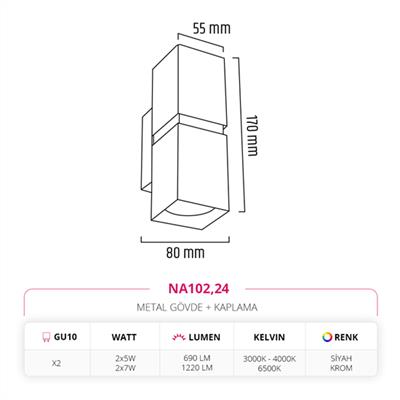 Moda Aydınlatma Çift Yönlü İç Mekan Aplik Siyah Krom MD-A 5188-24