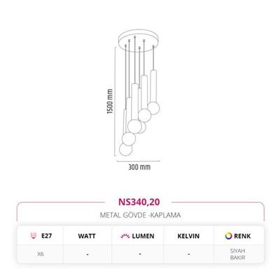 Moda Aydınlatma Dekoratif Altılı Sarkıt Siyah Bakır MD-S 4544-20
