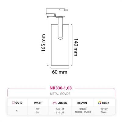 Moda Aydınlatma Dekoratif Ray Spot Beyaz Siyah MD-R 1122-03