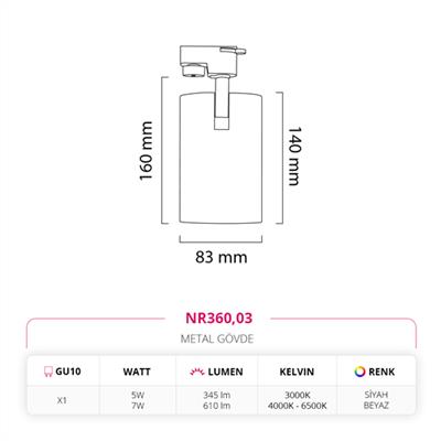 Moda Aydınlatma Dekoratif Ray Spot Beyaz Siyah MD-R 1061-03