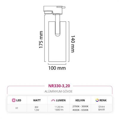 Moda Aydınlatma Dekoratif Ray Spot Siyah Bakır MD-R 1124-20