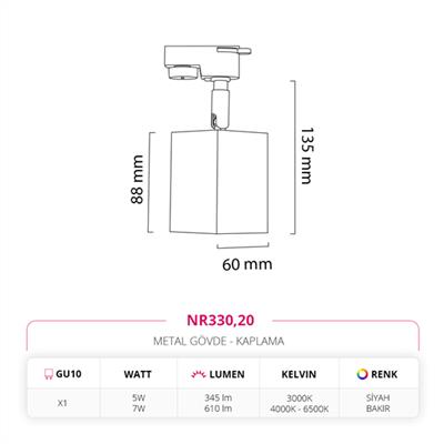Moda Aydınlatma Dekoratif Ray Spot Siyah Bakır MD-R 1118-20