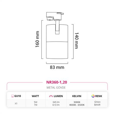Moda Aydınlatma Dekoratif Ray Spot Siyah Bakır MD-R 1063-20