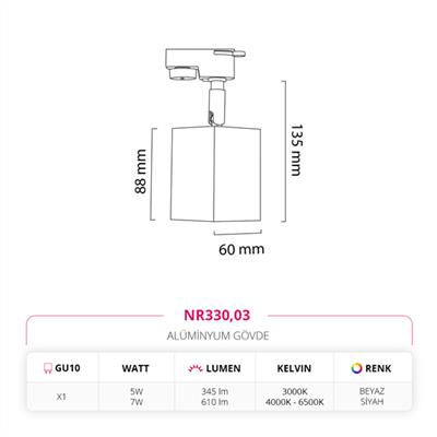 Moda Aydınlatma Dekoratif Ray Spot Siyah Beyaz MD-R 1117-03