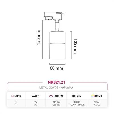 Moda Aydınlatma Dekoratif Ray Spot Siyah Gold MD-R 1089-21