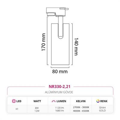Moda Aydınlatma Dekoratif Ray Spot Siyah Gold MD-R 1123-21