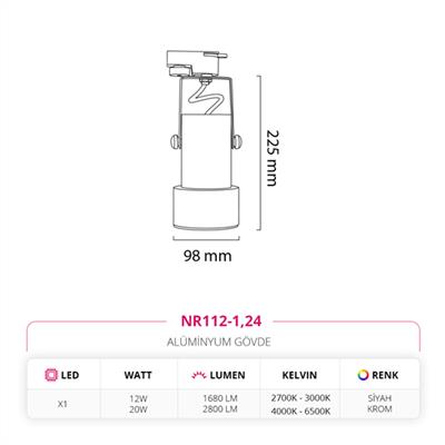 Moda Aydınlatma Dekoratif Ray Spot Siyah Krom MD-R 1042-24