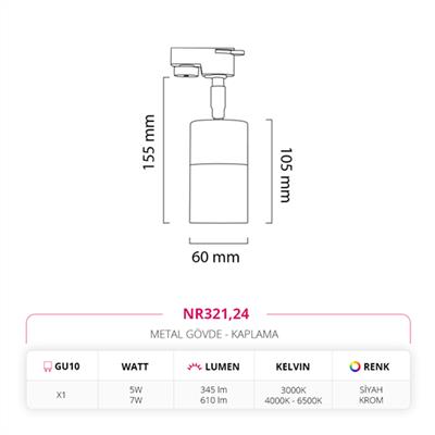 Moda Aydınlatma Dekoratif Ray Spot Siyah Krom MD-R 1090-24