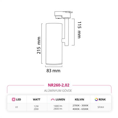 Moda Aydınlatma Dekoratif Ray Spot Siyah MD-R 1017-02