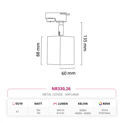 Moda Aydınlatma Dekoratif Ray Spot Siyah Portakal MD-R 1121-26