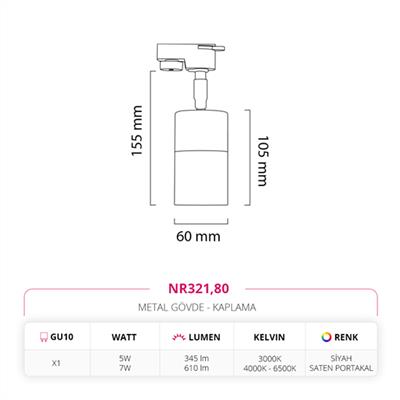Moda Aydınlatma Dekoratif Ray Spot Siyah Saten Portakal MD-R 1091-80