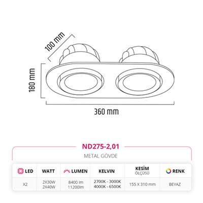 Moda Aydınlatma Sıva Altı İkili Led Spot Beyaz MD-D  2025-01