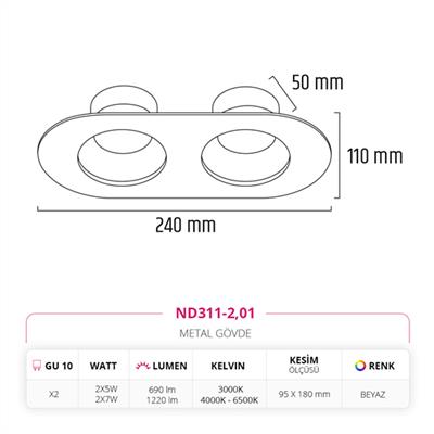 Moda Aydınlatma Sıva Altı İkili Led Spot Beyaz MD-D 2057-01