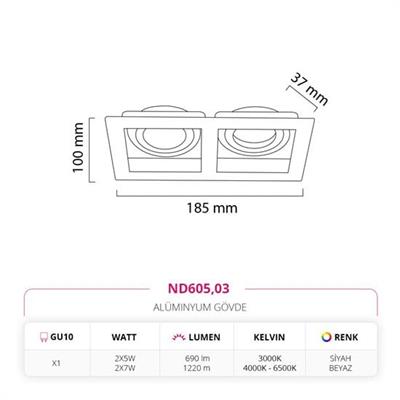 Moda Aydınlatma Sıva Altı İkili Led Spot Siyah Beyaz Siyah MD-D 2134-03