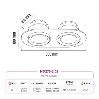 Moda Aydınlatma Sıva Altı İkili Led Spot Siyah MD-D 2026-02