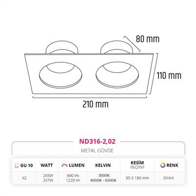 Moda Aydınlatma Sıva Altı İkili Led Spot Siyah MD-D 2064-02