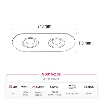 Moda Aydınlatma Sıva Altı İkili Led Spot Siyah MD-D 2047-02