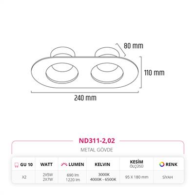 Moda Aydınlatma Sıva Altı İkili Led Spot Siyah MD-D 2058-02