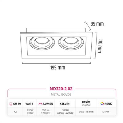 Moda Aydınlatma Sıva Altı İkili Led Spot Siyah MD-D 2074-02