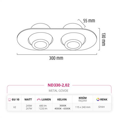 Moda Aydınlatma Sıva Altı İkili Led Spot Siyah MD-D 2082-02