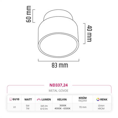 Moda Aydınlatma Sıva Altı Led Spot Siyah Krom MD-D 2092-24