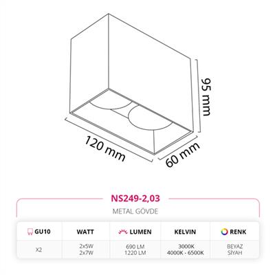 Moda Aydınlatma Sıva Üstü İkili Led Spot Beyaz Siyah MD-S 3115-03