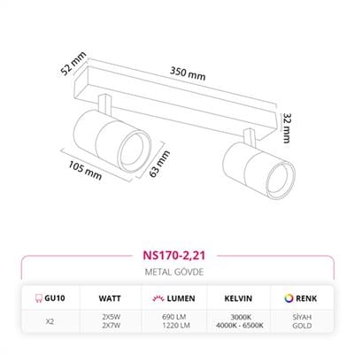 Moda Aydınlatma Sıva Üstü İkili Led Spot Siyah Gold MD-S 3052-21