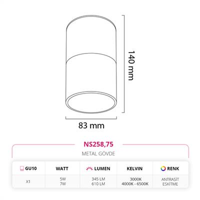 Moda Aydınlatma Sıva Üstü Led Spot Antrasit Eskitme MD-S 3145-75