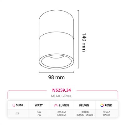 Moda Aydınlatma Sıva Üstü Led Spot Beyaz Bakır MD-S 3133-34
